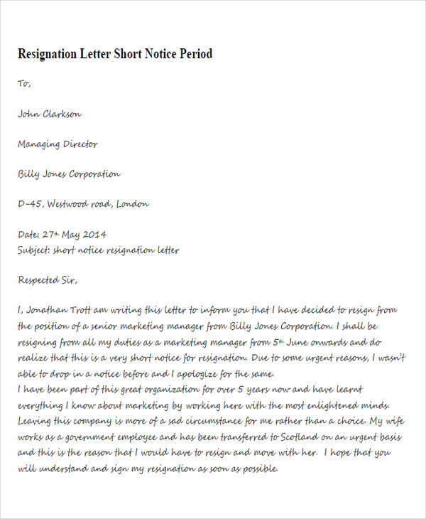 resignation letter short notice period