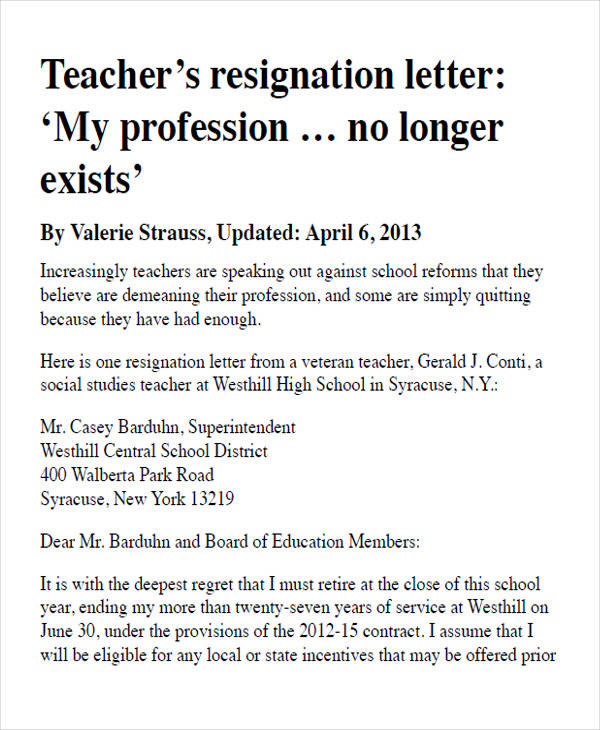 resignation letter for school teacher