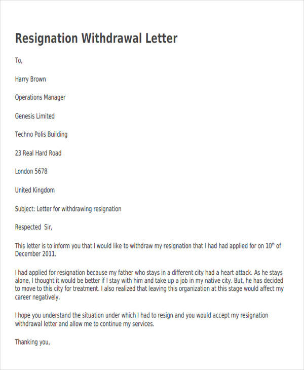 resignation withdrawal letter