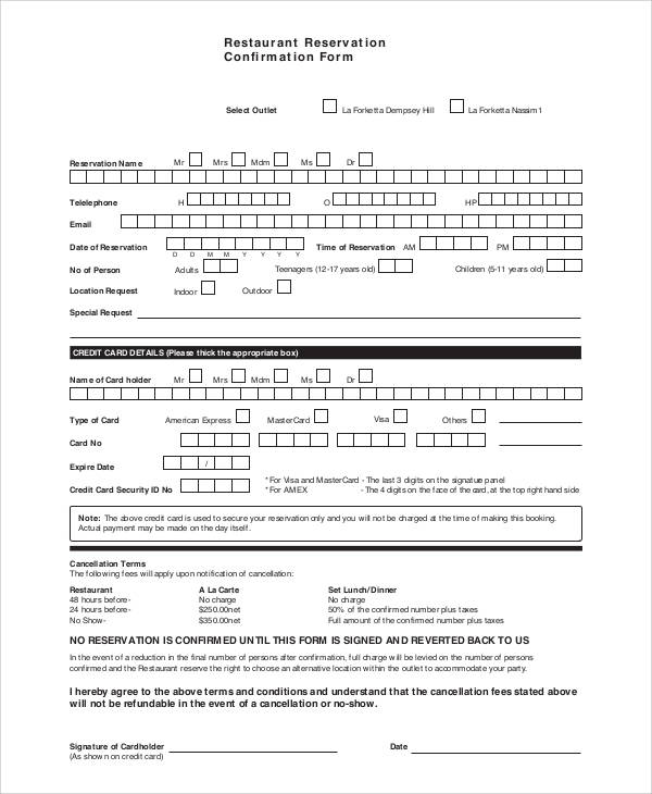 restaurant reservation confirmation form1