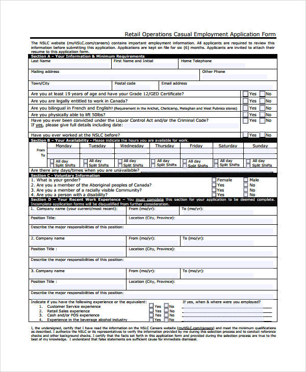 retail operations casual employment application form