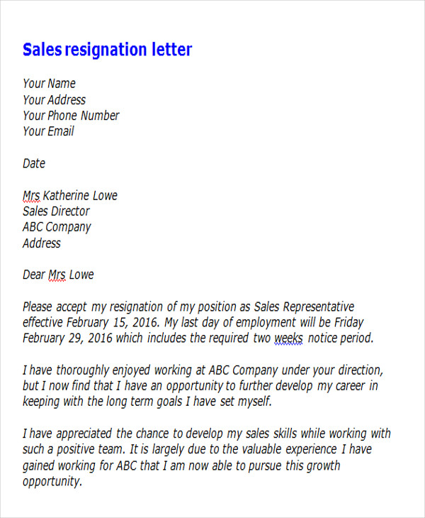 Sample Resignation Letter Sales Agent | Classles Democracy