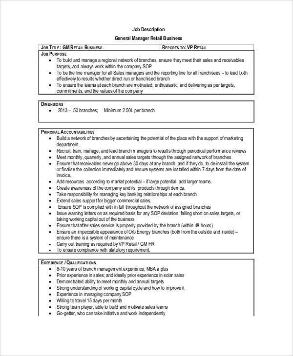 FREE 8+ Retail Manager Job Description Samples in MS Word PDF