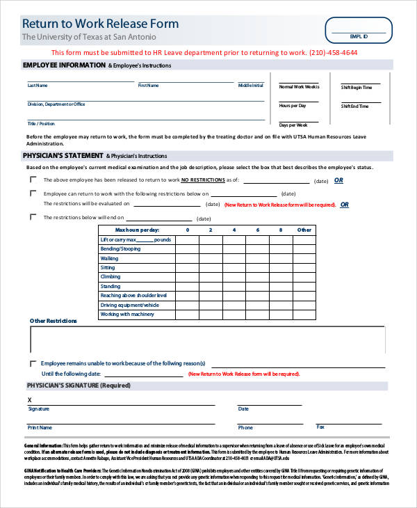 return to work release form