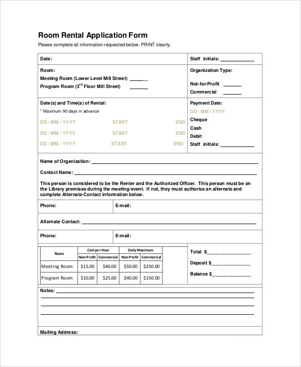 room rental application form