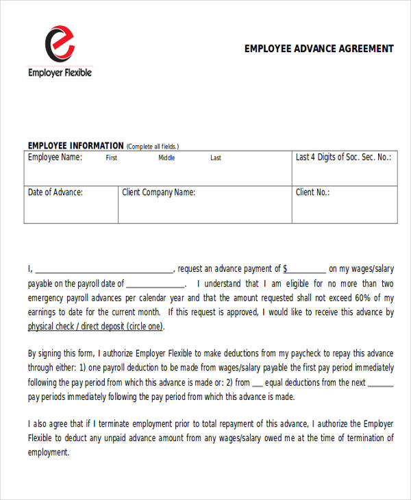 salary advance agreement letter