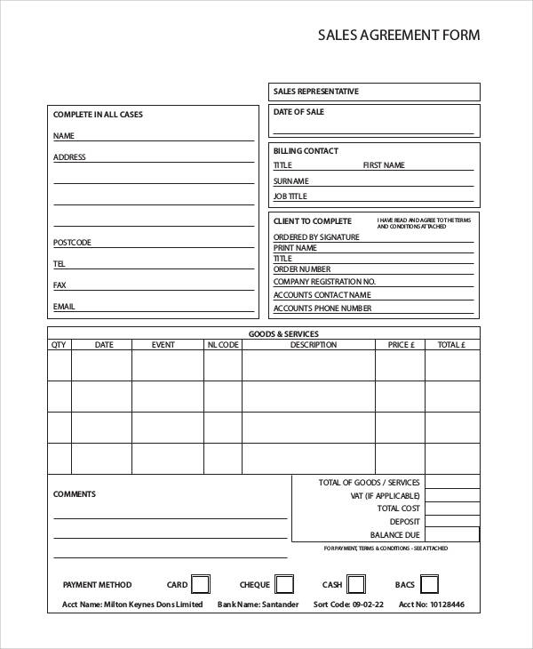 sales agreement form example