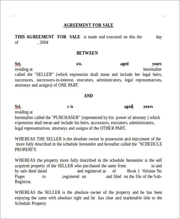 sales agreement form form