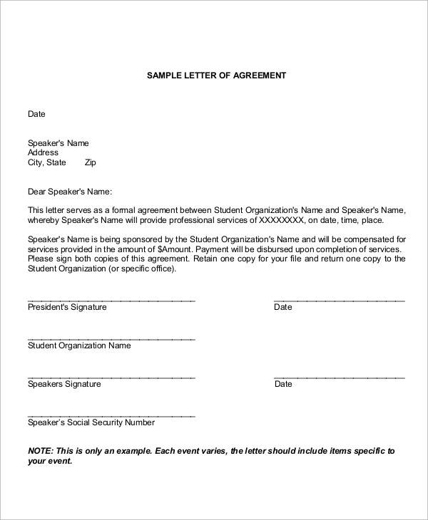sample agreement letter
