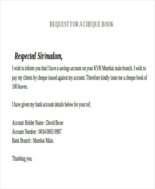 application letter for cheque book return