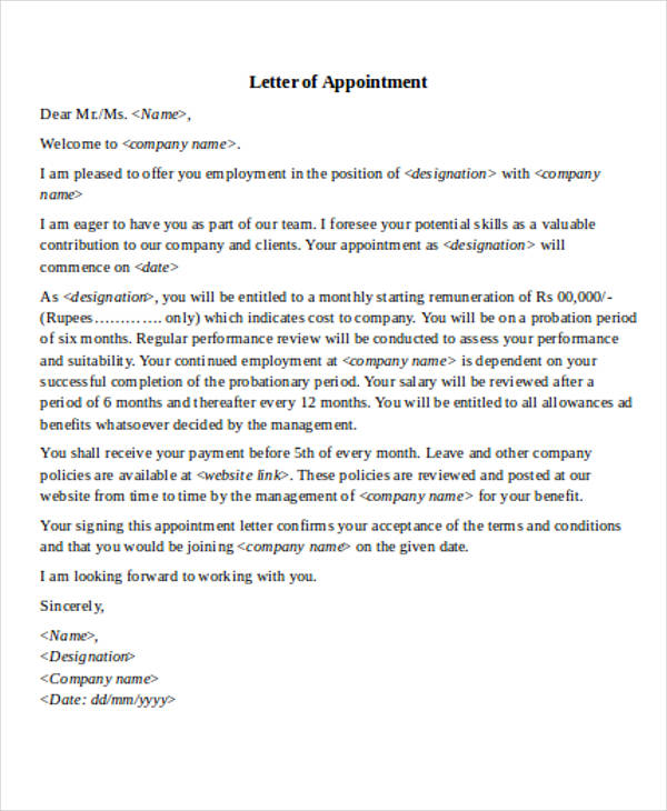sample company appointment letter