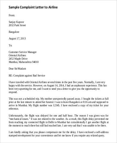 sample complaint letter to airline