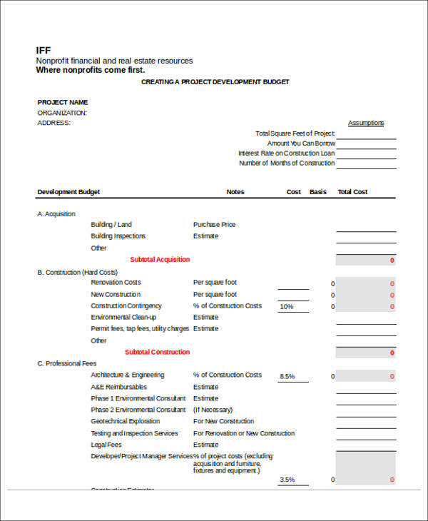 sample construction budget form