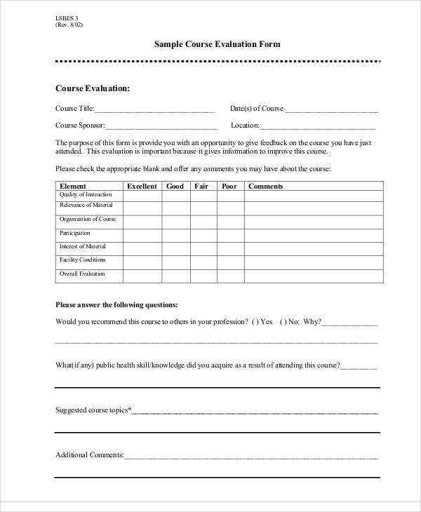 sample course evaluation form