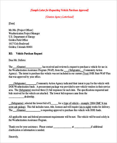 sample letter for requesting vehicle purchase approval