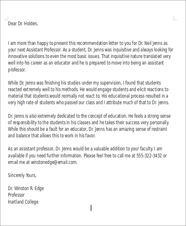 sample letter of recommendation for university teaching position