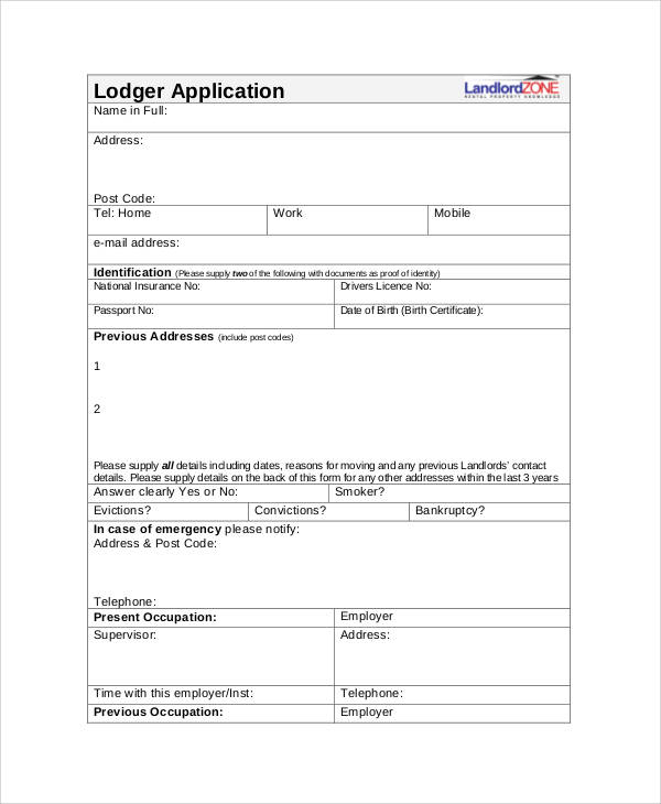 sample lodger application form