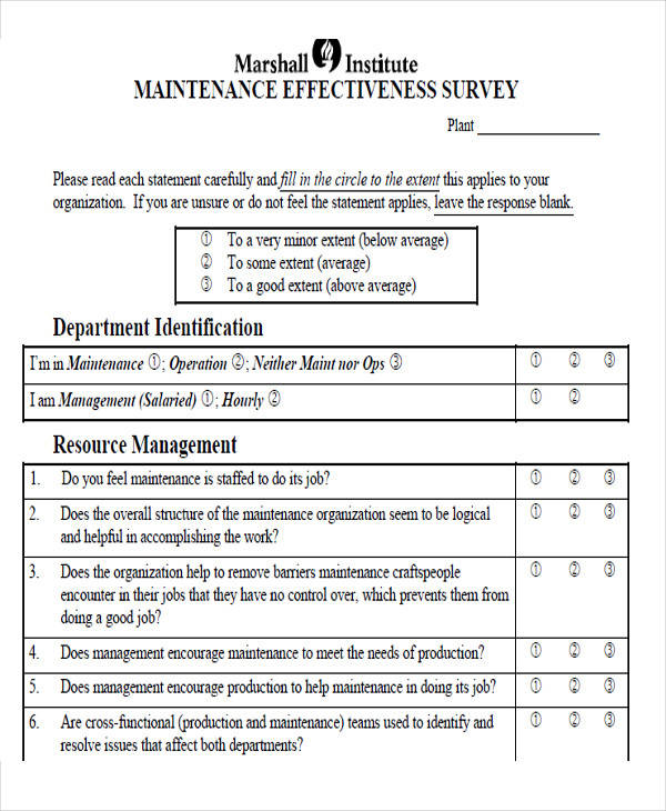 sample maintenance survey form