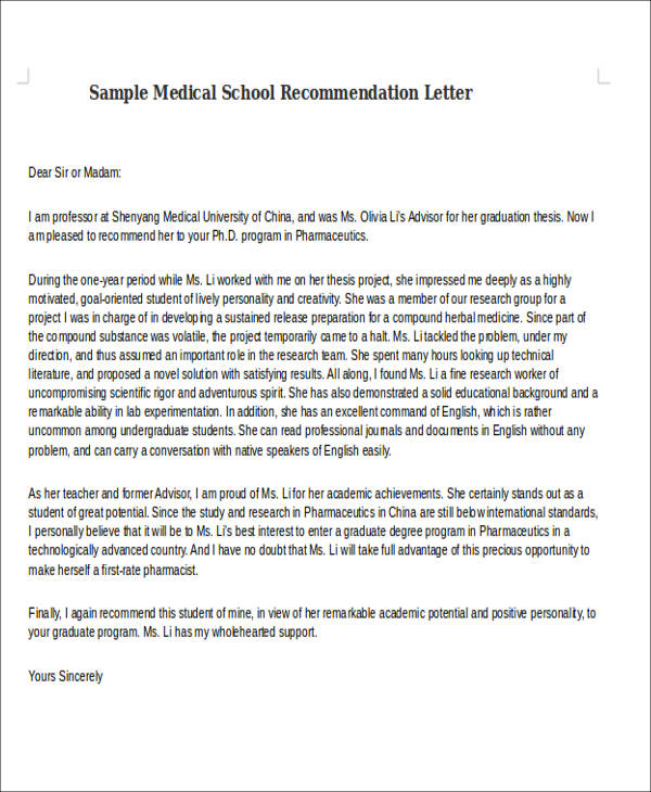 sample letter of recommendation for medical student