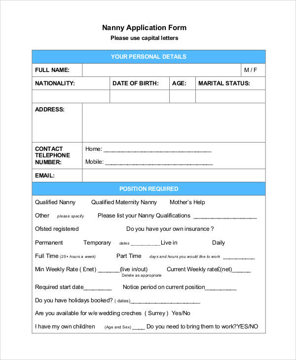sample nanny application form
