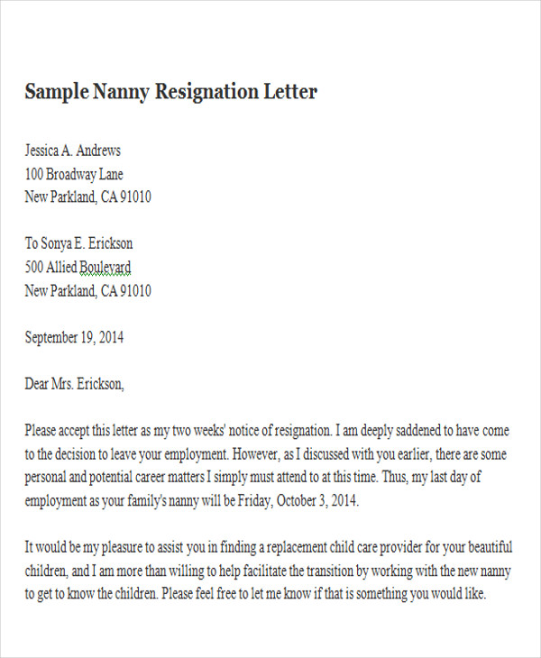 sample nanny resignation letter1