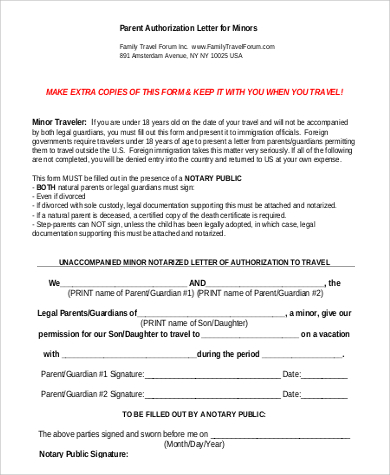 sample parent authorization letter for minors