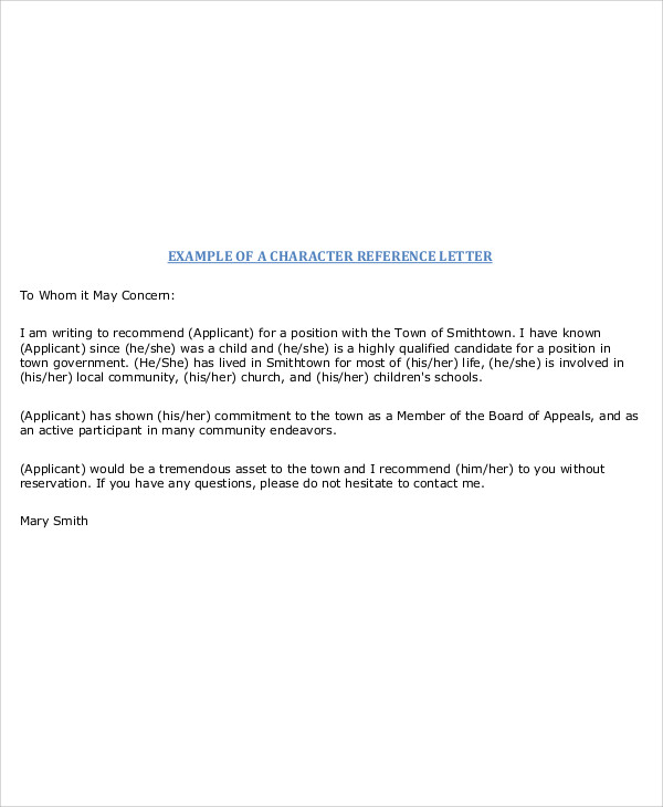 A Sample Reference Letter On Character