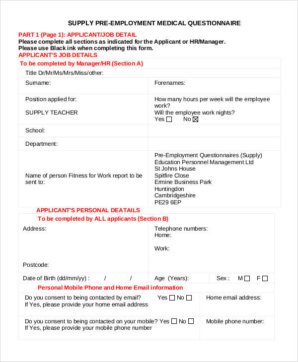 sample pre employment medical form