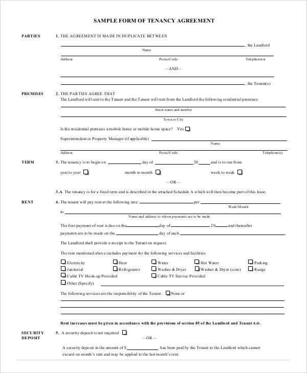 sample tenancy agreement form