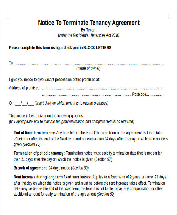 sample tenancy termination notice agreement form