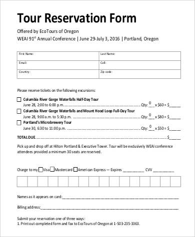 sample tour reservation form