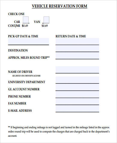 sample vehicle reservation form