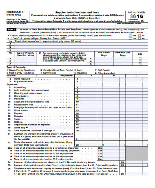 schedule e supplemental income request form
