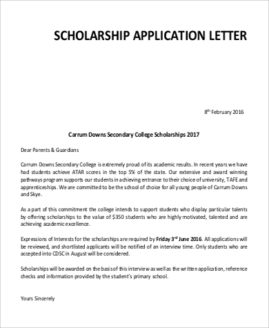 scholarship application letter for college