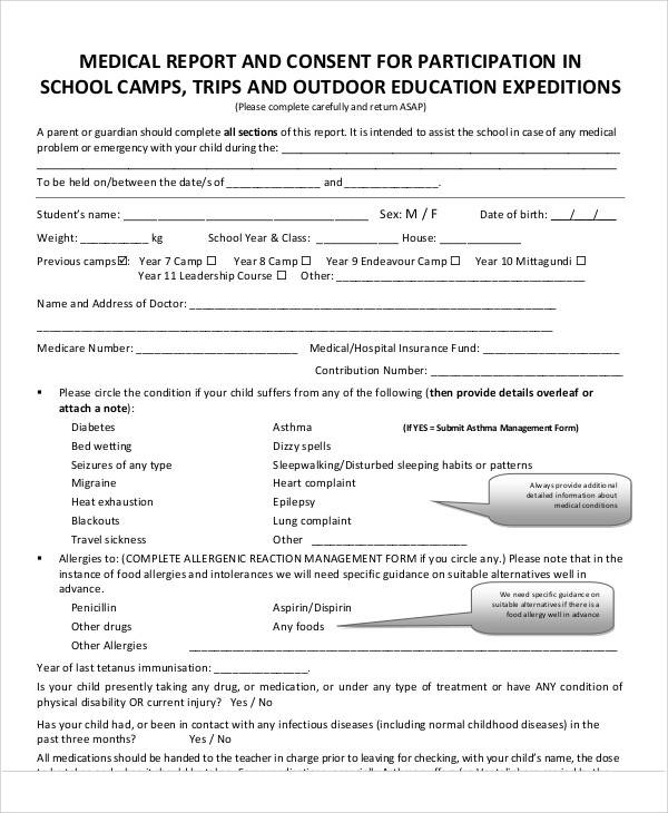 school camp medical form