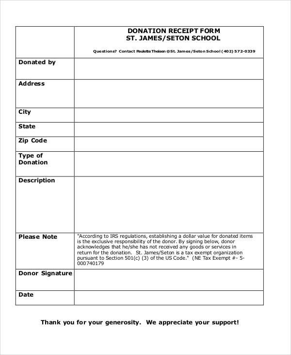 school donation receipt form