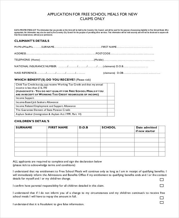 school meals application claim form