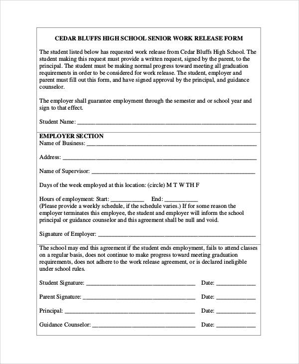 school work release form