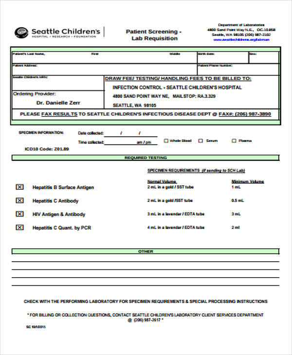 screening lab requisition form