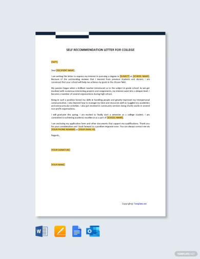 self recommendation letter for college template