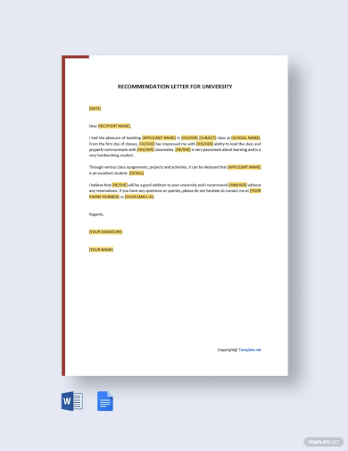 self recommendation letter for university template