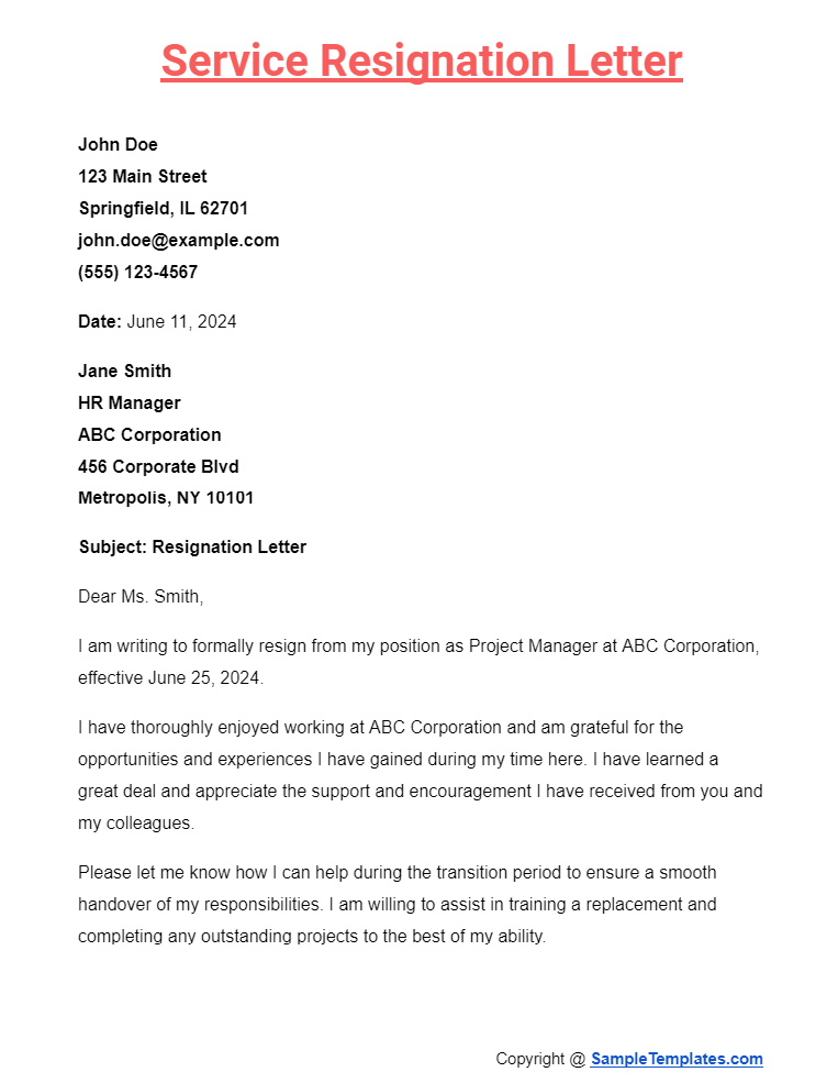 service resignation letter
