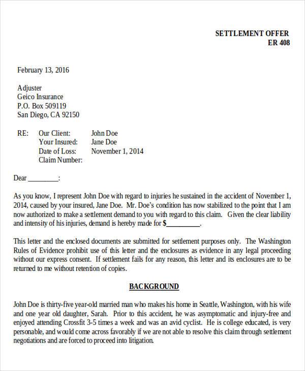 settlement advising of client letter offer Demand Letter Examples