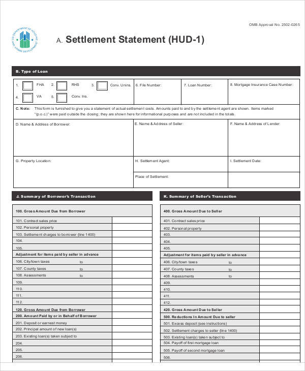 settlement statement form sample