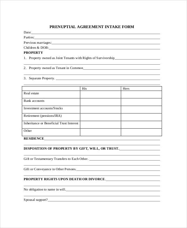 simple prenuptial agreement intake form