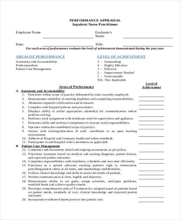 staff nurse performance appraisal form
