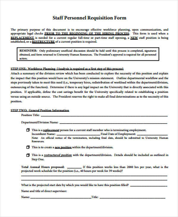 staff personnel requisition form