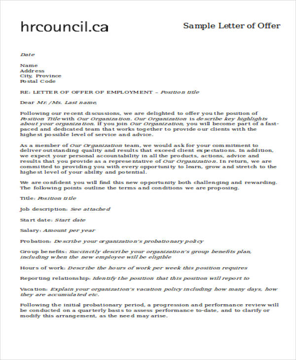 standard appointment letter of offer