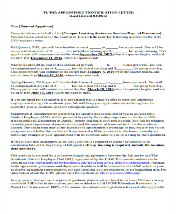 standard appointment notification letter