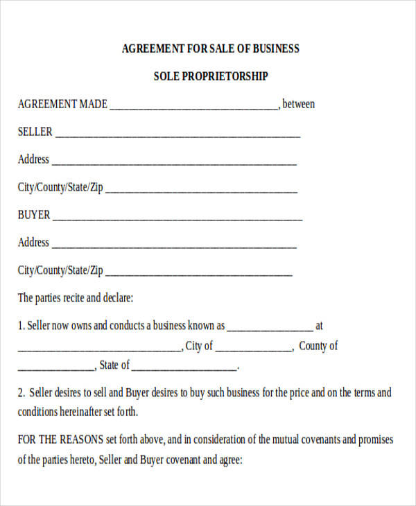 standard business sale agreement form